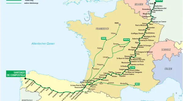 Karte zeigt den Jakobsweg von Köln nach Santiago de Compostela. Der "Kölner Weg" ist als Hauptroute markiert.