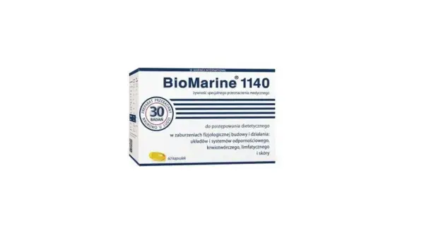 Opakowanie suplementu diety BioMarine 1140, zawierające 60 kapsułek. Produkt przeznaczony do postępowania dietetycznego w zaburzeniach fizjologicznej budowy i działania układów odpornościowego, krwionośnego, limfatycznego i skóry.