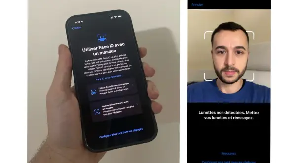 Configuration de Face ID sur iPhone 11 avec ou sans masque. L'écran affiche un homme tentant de configurer ses lunettes.