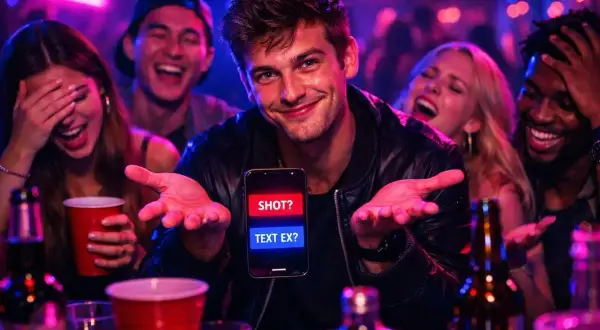 Fest med vänner, en telefon visar "SHOT? TEXT EX?". Vad blir det **denna eller den** svenska kvällen?