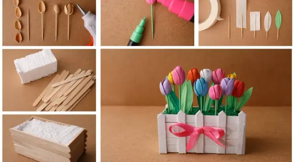 Creazione di un vaso di tulipani colorati con bastoncini di legno e pistacchi. Lavoretti utili per la casa, perfetti per decorare.