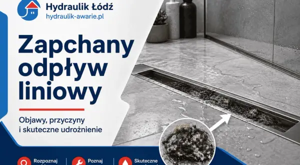 Zapchany odpływ liniowy, pełen włosów i zanieczyszczeń, powoduje nieprzyjemny smród. Hydraulik Łódź oferuje skuteczne udrożnienie.