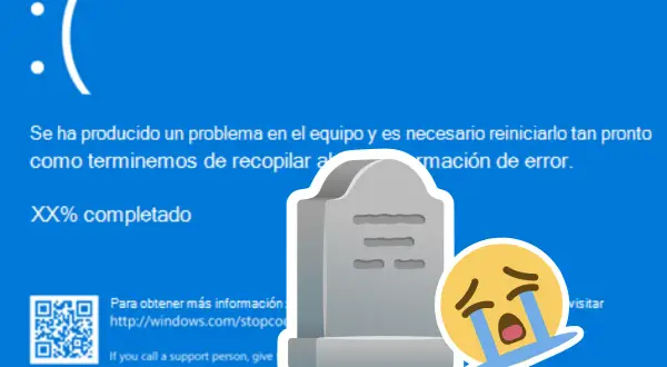 Pantalla negra de error de Windows con un emoji llorando y una lápida. El equipo ha muerto.