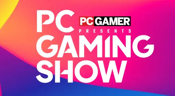 PC Gamer Presents Gaming Show. Kolorowe tło z gradientem.