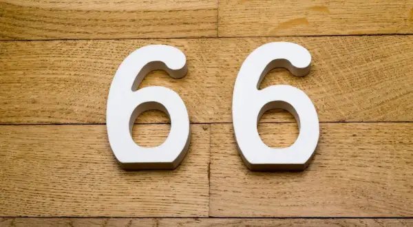 Białe cyfry 66 na drewnianym tle.