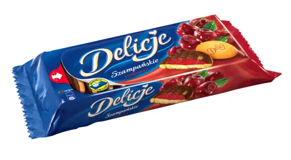 Opakowanie ciastek Delicje Szampańskie Wiśniowe z soczystymi wiśniami i czekoladą.