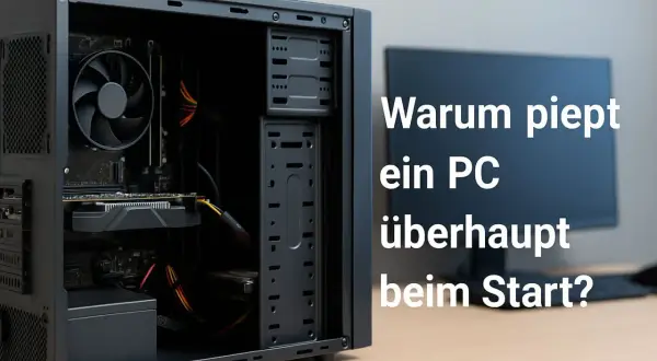 Ein offener PC mit Lüfter und Kabeln. Daneben ein Monitor mit der Frage: "Warum piept ein PC überhaupt beim Start?".