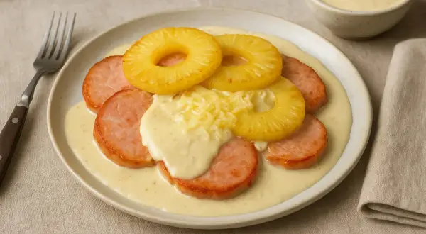 Kassler med ananas och ostsås, ett klassiskt kassler recept som ser utsökt ut.