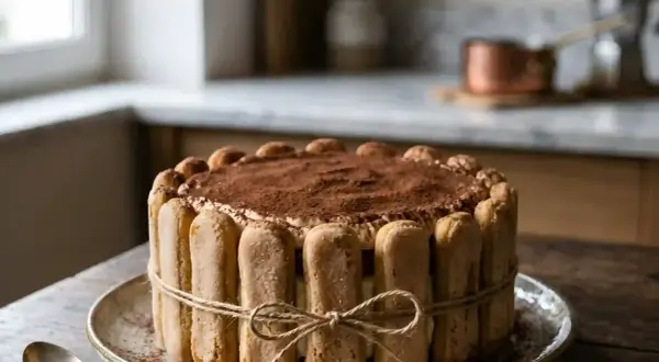 Un délicieux gâteau Charlotte Tiramisu, orné de biscuits à la cuillère et saupoudré de cacao.