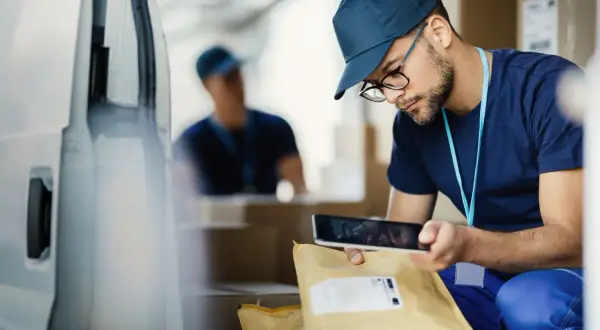 Kurier DHL skanuje paczkę na tablecie, przygotowując przekierowanie.
