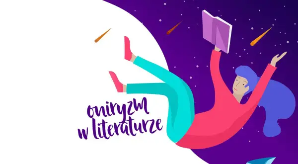 Osoba czytająca książkę w kosmosie, otoczona spadającymi gwiazdami i latającymi książkami. To właśnie oniryzm w literaturze – podróż do świata snów i wyobraźni.