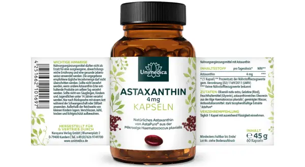 Unimedica Astaxanthin 4mg Kapseln. Natürliches Astaxanthin aus Mikroalgen, kann die Psyche positiv beeinflussen.
