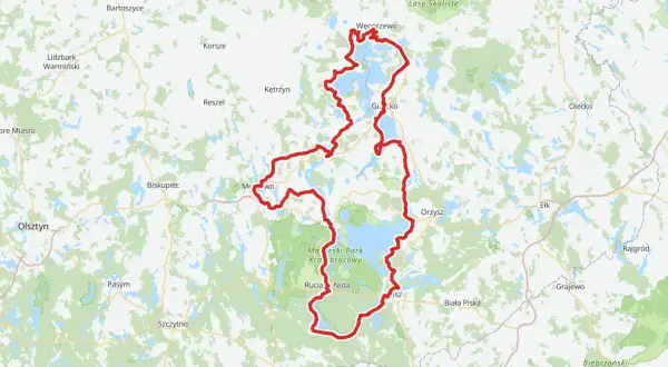 Trasa rowerowa wokół jezior, przez Mazurski Park Krajobrazowy, z Węgorzewa do Rucianej-Nidy.
