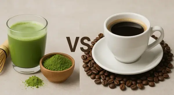 Szklanka zielonego napoju matcha i filiżanka kawy z ziarnami kawy.