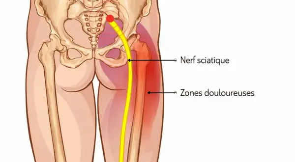 Illustration anatomique montrant le nerf sciatique et les zones douloureuses associées au symptôme de sciatique jambe droite.