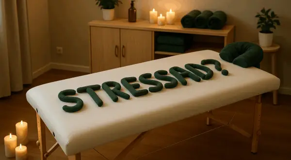 En massagebänk med bokstäver som bildar "STRESSED?". Ljus och handdukar skapar en lugn atmosfär, perfekt för att uppnå ingen stress.