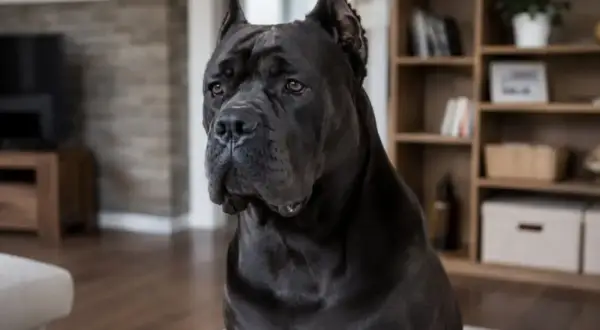Czarny pies rasy Cane Corso siedzi w salonie. Zastanawiasz się, ile kosztuje Cane Corso?