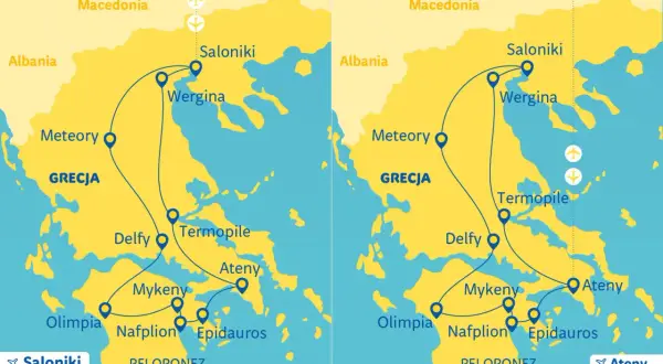 Mapa Grecji z trasą wycieczki objazdowej 10 dni: Saloniki, Meteory, Delfy, Ateny, Peloponez.