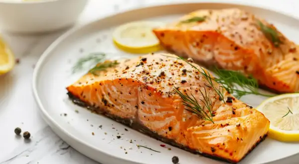 Deux pavés de saumon au four, assaisonnés de poivre et d'aneth, servis avec des rondelles de citron.