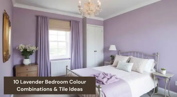 A serene bedroom featuring various lavender color shades on the walls, curtains, and bedding. A crystal chandelier hangs above.