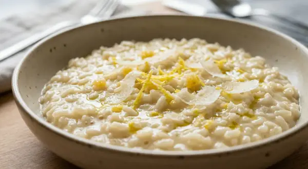 Un cremoso risotto al limone, guarnito con scorza di limone e scaglie di parmigiano, servito in una ciotola rustica.