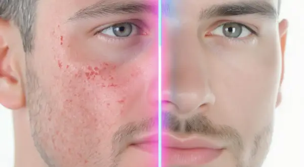 Visage d'homme divisé : peau rouge et acnéique à gauche, peau nette à droite. Un gommage avant ou après rasage peut transformer votre peau.
