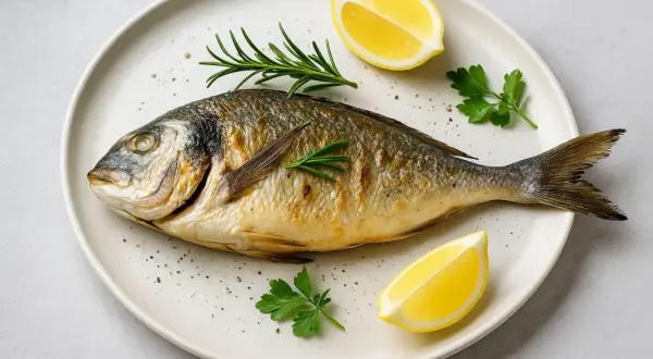 Dorada, czyli dorada królewska, to pyszna ryba na talerzu, ozdobiona cytryną i rozmarynem.