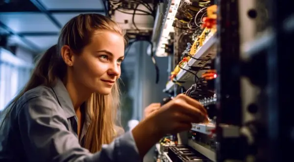 Junge Frau mit techniker zertifikat arbeitet an Servern.