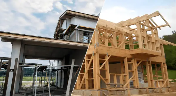 Dwa etapy budowy: betonowa konstrukcja i szkielet domu drewniano murowanego.