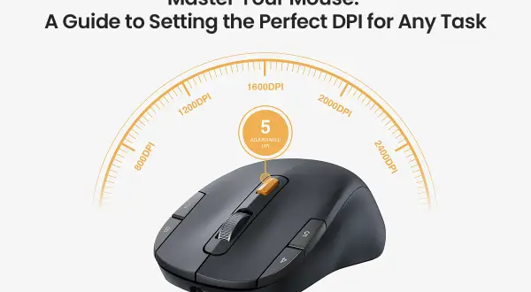 Schwarze Maus mit einstellbarem DPI-Regler. Der Text "Master Your Mouse: A Guide to Setting the Perfect DPI for Any Task" und eine Skala von 800 bis 2400 DPI sind sichtbar.
