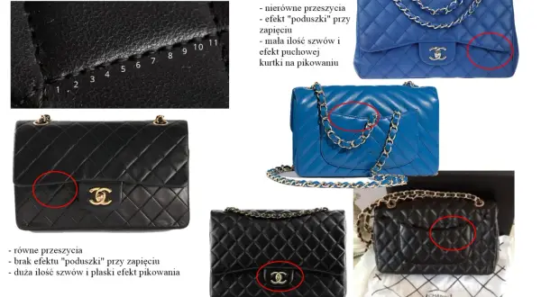 Porównanie oryginalnej i podrabianej torebki Chanel: zbliżenie na szwy, pikowanie i zapięcie.