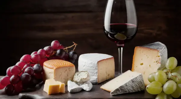 Assortment of cheeses, grapes, and a glass of red wine on a dark wooden board.