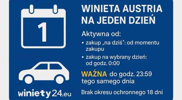 E-winieta Austria gdzie kupić? Dostępna na jeden dzień, ważna do 23:59 tego samego dnia. Kupisz na winiety24.eu.