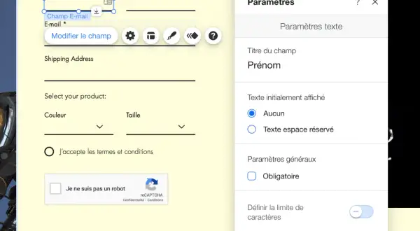 Paramètres du champ "Prénom" dans un tuto Wix. Configuration des options de texte et des paramètres généraux.