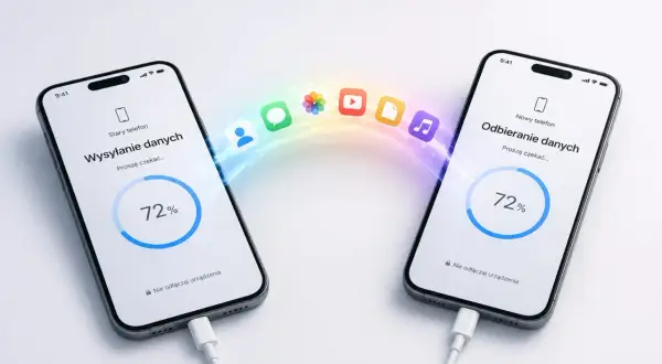 Przenoszenie z Androida na iOS: dane z jednego telefonu płyną tęczowym strumieniem do drugiego, pokazując postęp 72%.