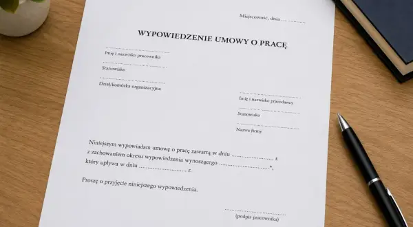 Dokument "Wypowiedzenie umowy o pracę" na biurku, gotowy do złożenia.