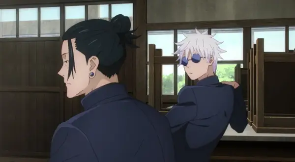 Zwei Freunde aus dem Jujutsu Kaisen Film, Suguru Geto und Satoru Gojo, sitzen in einem Raum.