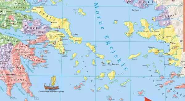 Mapa starożytnej Grecji z zaznaczonymi wyspami, lądami i morzem.