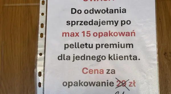 Uwaga: sprzedaż pelletu premium ograniczona do 15 opakowań na klienta. Cena za opakowanie 31 zł. Prognozowana cena pelletu 2026 może ulec zmianie.