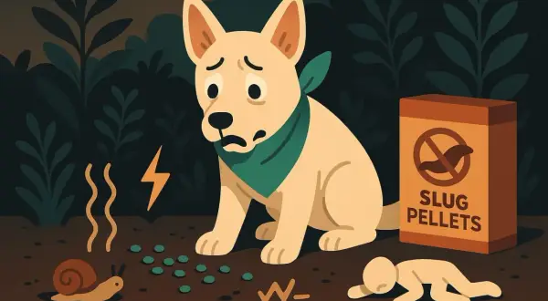 Besorgter Hund neben Schneckenkorn-Packung. Eine Schnecke und ein Blitzsymbol deuten auf Gefahr hin.