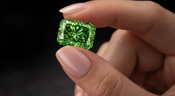 Palce delikatnie trzymają olśniewający zielony diament o szlifie prostokątnym.