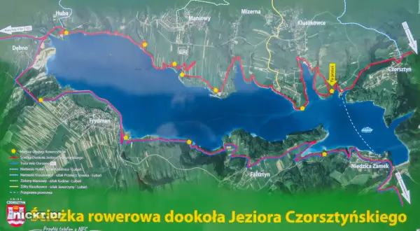 Mapa szlaków rowerowych wokół Jeziora Czorsztyńskiego, z zaznaczoną trasą Velo Dunajec i punktami obsługi rowerzystów. Idealna do planowania wycieczki velo Czorsztyn GPX.