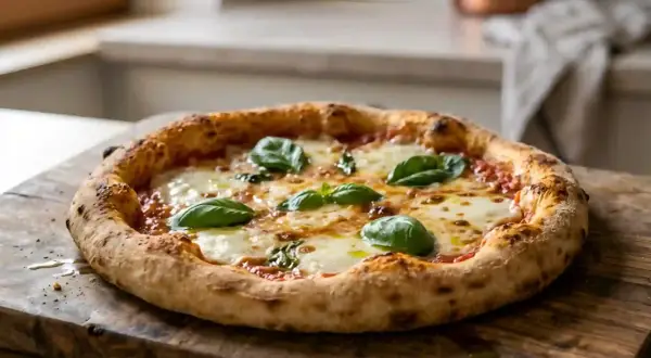 Pizza Margherita parfaite, avec une croûte dorée et moelleuse, idéale pour votre recette pâte à pizza moelleuse.