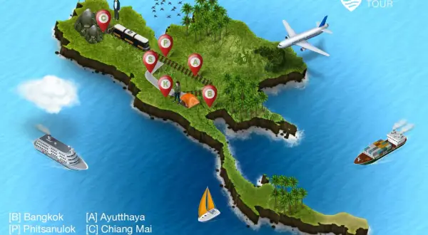 Karte von Thailand mit Reiserouten für Backpacking. Zeigt Flugzeug, Zug, Schiff und Containerfrachter. Markierte Orte: Bangkok, Ayutthaya, Chiang Mai, Kanchanaburi.