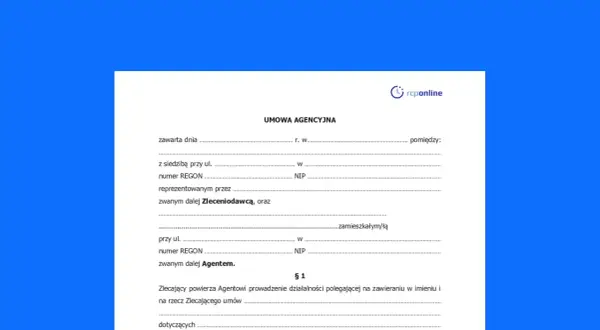 Umowa agencyjna, dokument z danymi Zleceniodawcy i Agenta, gotowy do wypełnienia.