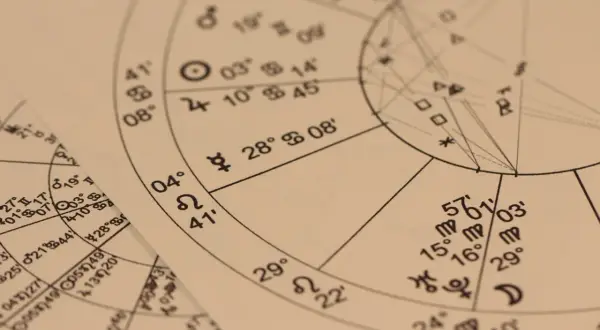 Astrologiska diagram med symboler och siffror. Perfekt för att få ditt gratis horoskop.