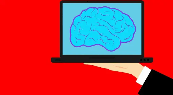 Dłoń trzyma laptop z mózgiem na ekranie. Czy po udarze przysługuje renta? Szukamy odpowiedzi.