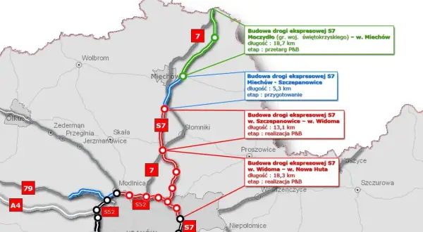 Mapa pokazuje budowę drogi ekspresowej S7 na kilku odcinkach, od Moczydła po Nową Hutę, z zaznaczonymi etapami prac.