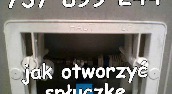 Widok mechanizmu spłuczki podtynkowej. Tekst: "jak otworzyć spłuczkę". Numer telefonu: 737 899 244.