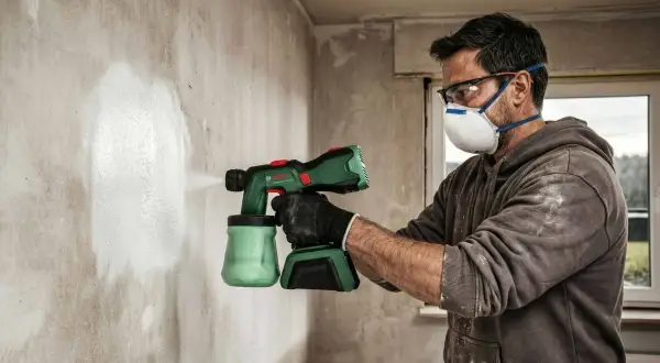 Un homme masqué et protégé utilise un pistolet pour peindre un crépi intérieur.